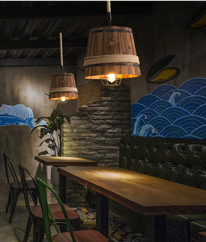 DecorBites™ Barrel Industrial Chandelier for Dining Room Cafe Restaurant, Adjustable Wood Light Fixture