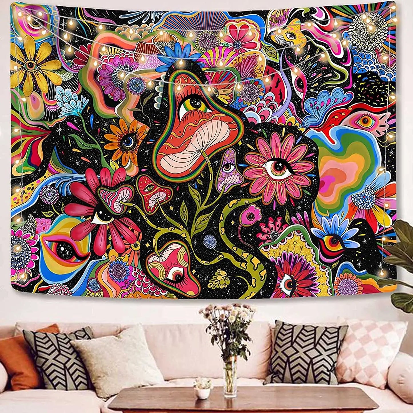 Psychedelic Mushroom Trippy Tapestry for Colorful Hippy Wall Art Decor by Decobites