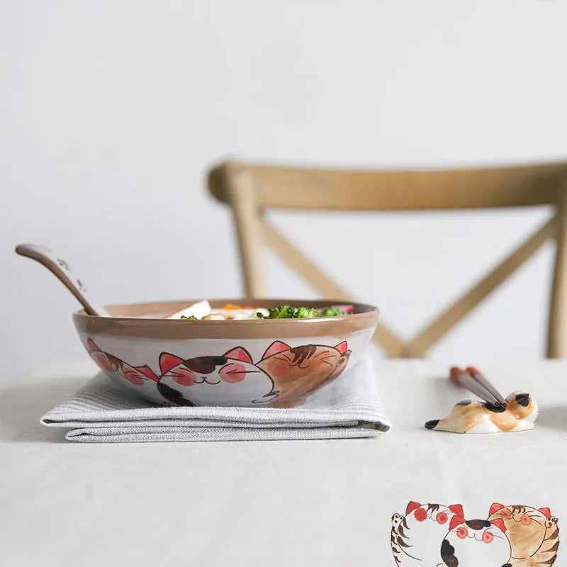 Cuenco de cerámica de gato de la suerte hecho a mano al estilo japonés Decorbites™ - Cuenco de porcelana ecológico