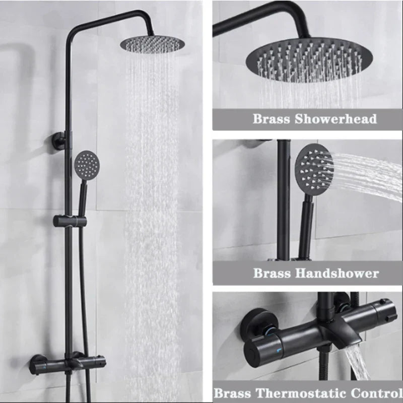 DecorBites™ Black Shower Faucet Set with Thermostatic Control and 8" Rainfall Head