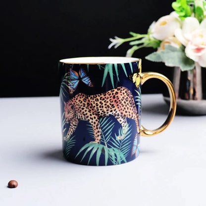 Juego de tazas de café de porcelana fina DecorBites™ con diseño de animales de la selva, ideal para amantes del té y para la oficina.