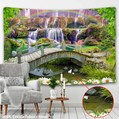 Forest Waterfall Tapestry Wall Hanging: Decobites Rainbow Landscape Table Mat Home Decor