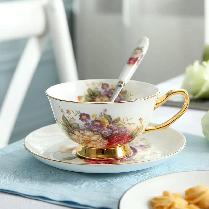 DecorBites™ Elegant Floral Bone China Tea Cup Set 200ml - Premium Porcelain Teacup Saucer Spoon