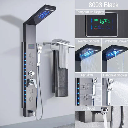 لوحة دش DecorBites™‎ سوداء مزودة بإضاءة LED وخمس وظائف، صنبور دش للحمام مثبت على الحائط