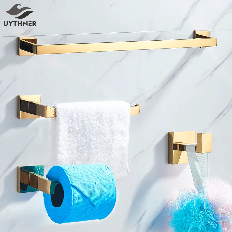 Conjunto de Herrajes de Baño Decorbites™ Oro: Gancho para Batas, Barra para Toallas, Estante, Soporte para Papel Higiénico