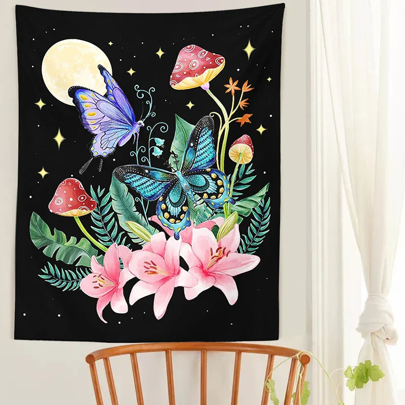 Decobites Mushroom Moon Star Tapestry Floral Wall Hanging for Boho Bedroom Decor