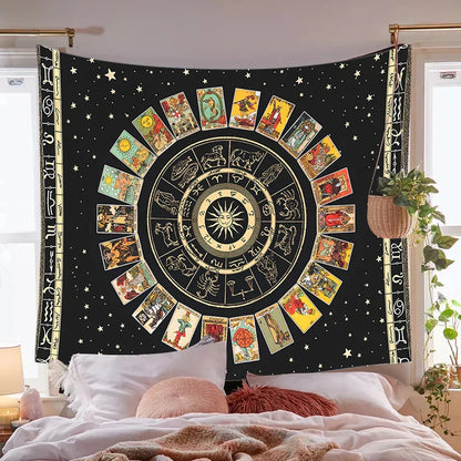 Decobites Tarot Card Tapestry: Zodiac Wheel & Major Arcana Sun Moon Wall Hanging