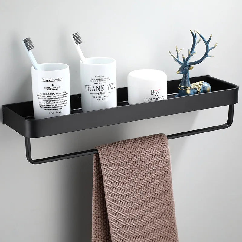 DecorBites™ Black Aluminum Bathroom Shower Shelf with Hook Bar and Shampoo Holder