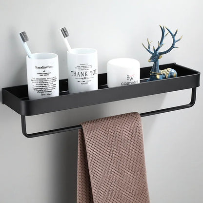 DecorBites™ Black Aluminum Bathroom Shower Shelf with Hook Bar and Shampoo Holder