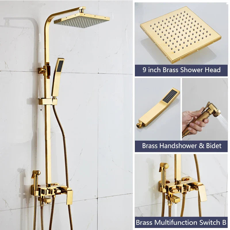 DecorBites™ Golden Shower Faucet Set with 8" Rainfall Shower, Wall Mounted Hand Shower