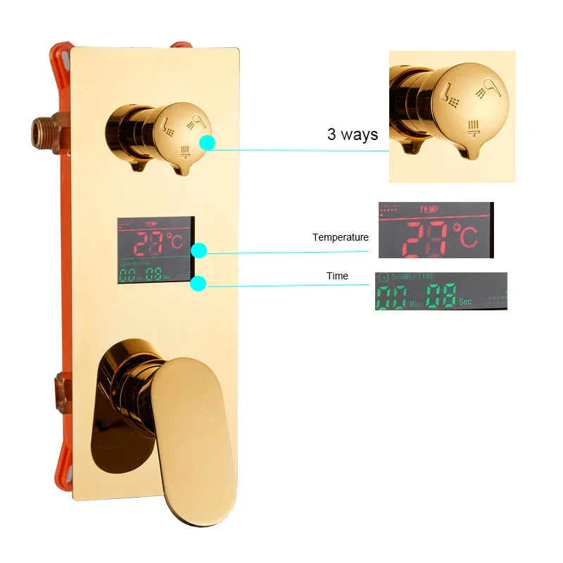 DecorBites™ Gold 12" Digital Display Rainfall Shower Faucet with Single Lever Control