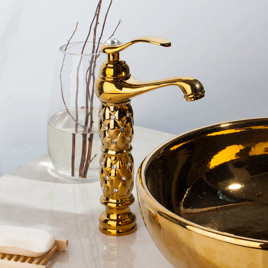 DecorBites™ Golden Plated Bathroom Basin Faucet High Short Style Single Handle Sink Mixer Tap