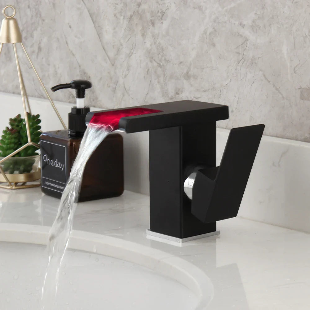 Grifo de lavabo con cascada LED DecorBites™, blanco y negro, mezclador, montaje sobre encimera, latón macizo