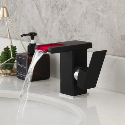 Grifo de lavabo con cascada LED DecorBites™, blanco y negro, mezclador, montaje sobre encimera, latón macizo