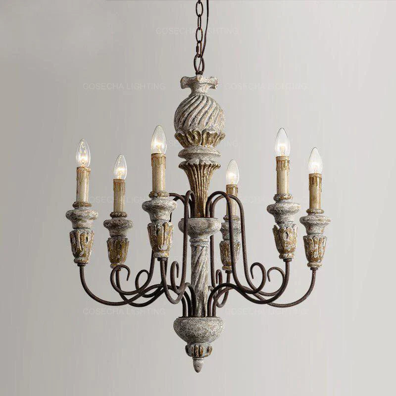 DecorBites™ Antique White Wooden Chandelier Elegant French Rustic Lighting