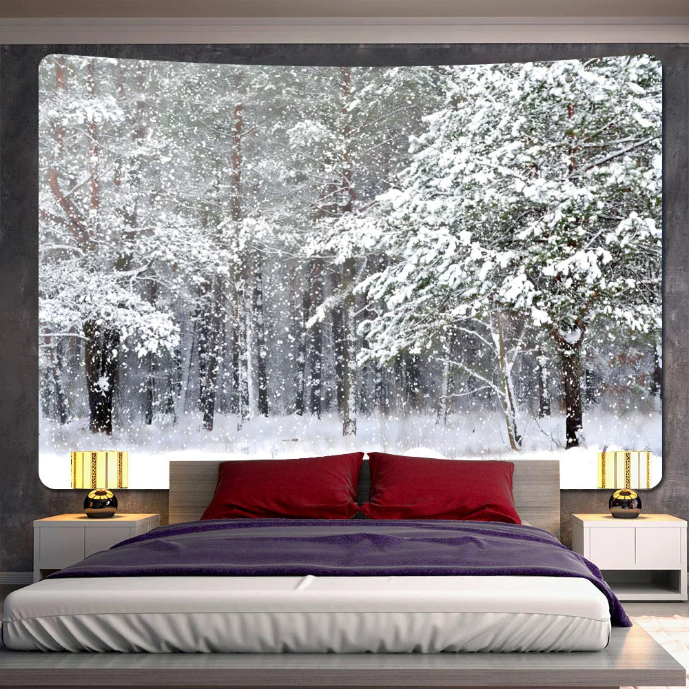 Decobites Christmas Snow Forest Tapestry: Bohemian Bedroom Wall Decoration