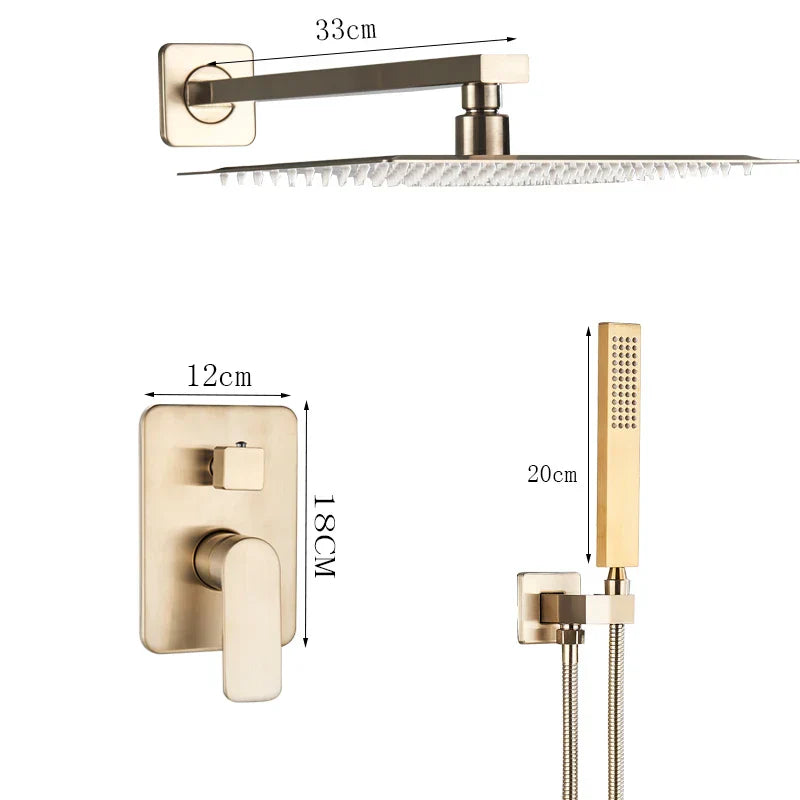 DecorBites™ Brushed Gold Shower Mixer: Wall Mount Rainfall Head, Hand Shower, Rotate Tub Spout