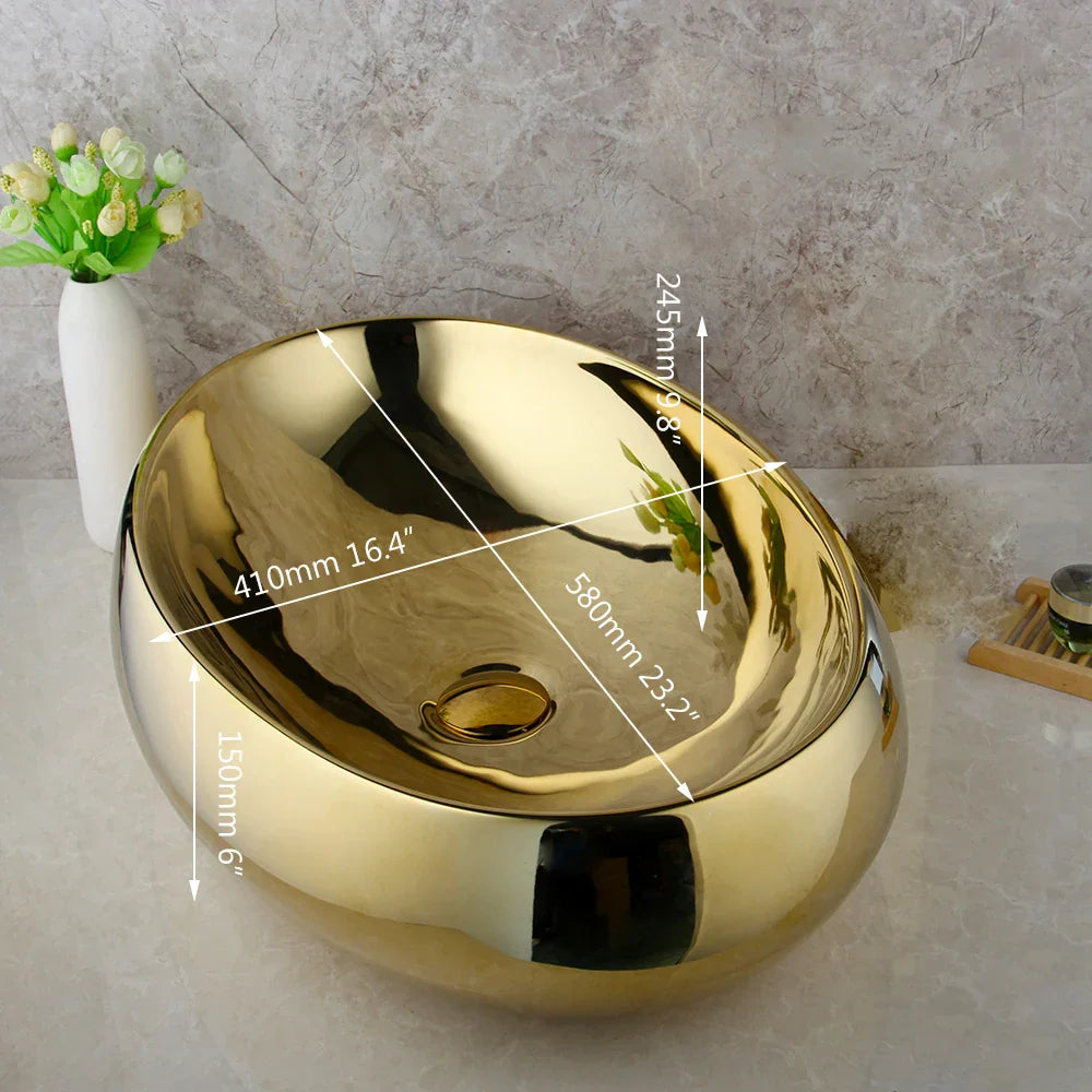 DecorBites™ Gold Ceramic Basin Sink & Brass Faucet Set with Pop Drain