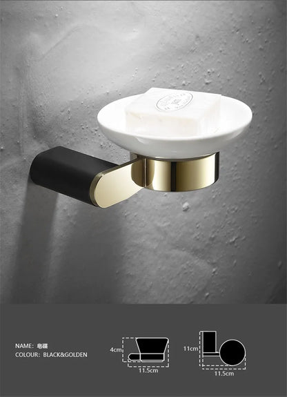 DecorBites™ Gold & Black Bathroom Set - Shelf, Towel Rack, Holder, Brush Holder & More