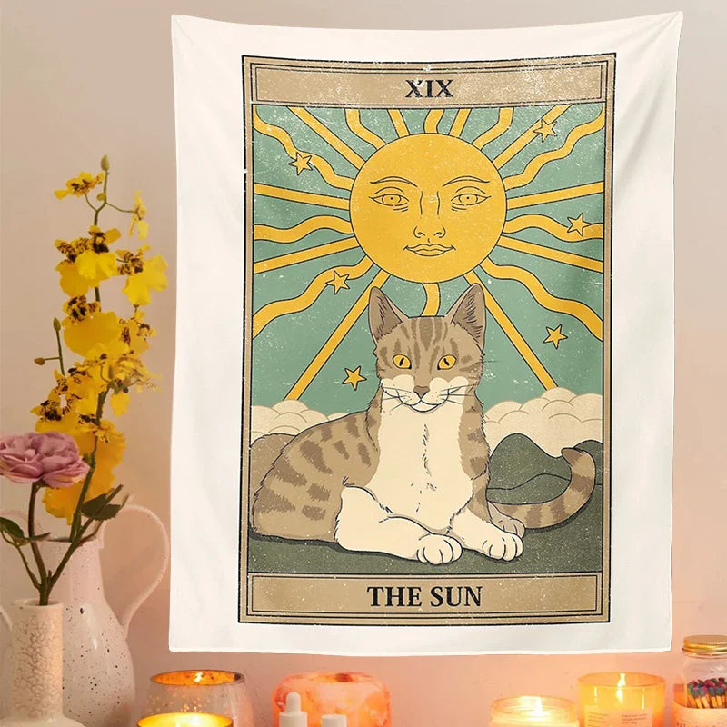 Decobites Cat Divination Tarot Card Tapestry Moon Phase Wall Hanging Décor