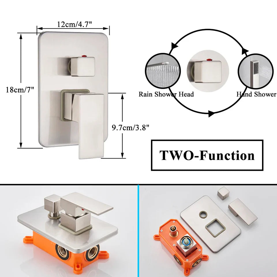 Sistema de ducha DecorBites™ de níquel cepillado con cabezal de ducha tipo lluvia para baño de pared