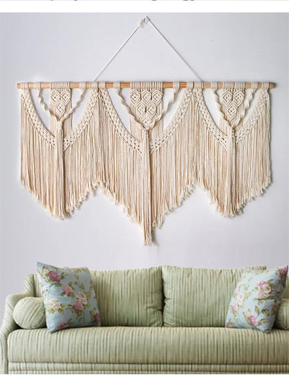 Decobites Large Hand-Woven Macrame Wall Hanging Tapestry with Wooden Stick & Tassels