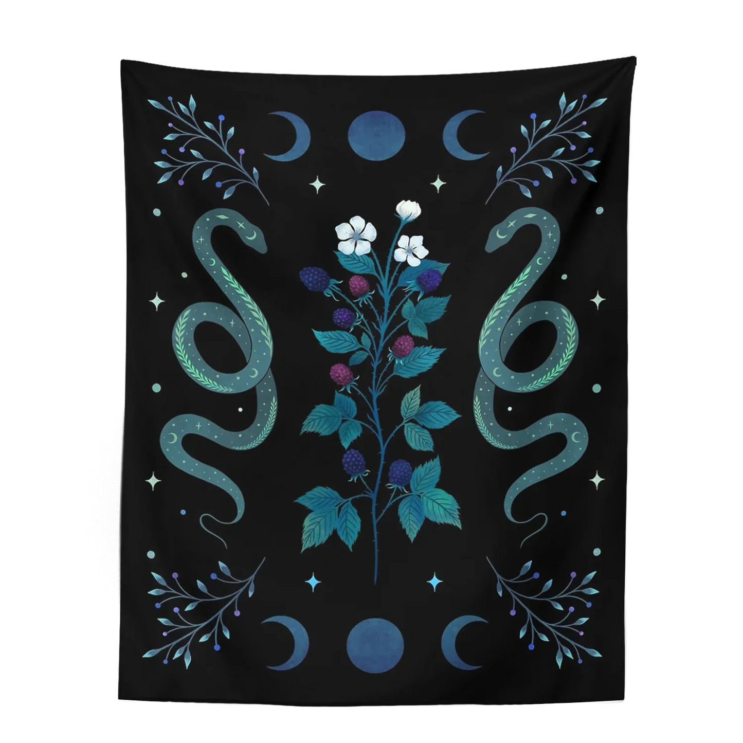 Decobites Moon Phase Wall Hanging Tapestry in Olive Leaf Green & Black - Boho Room Decor