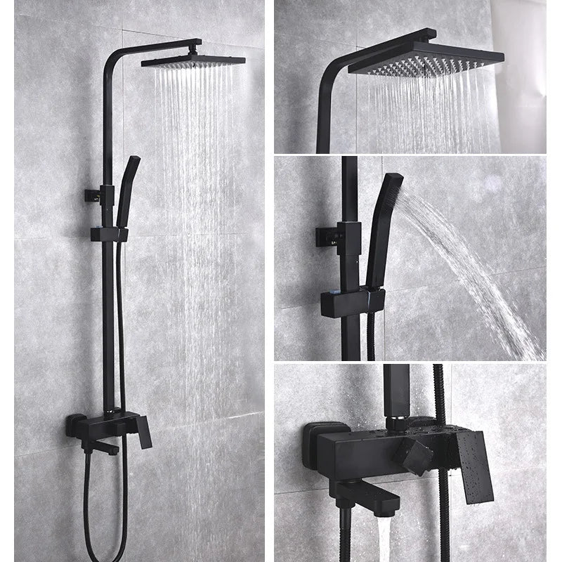 DecorBites™ Black Brass Shower Set with Tub Faucet - Rainfall Bath Mixer for Bathtub