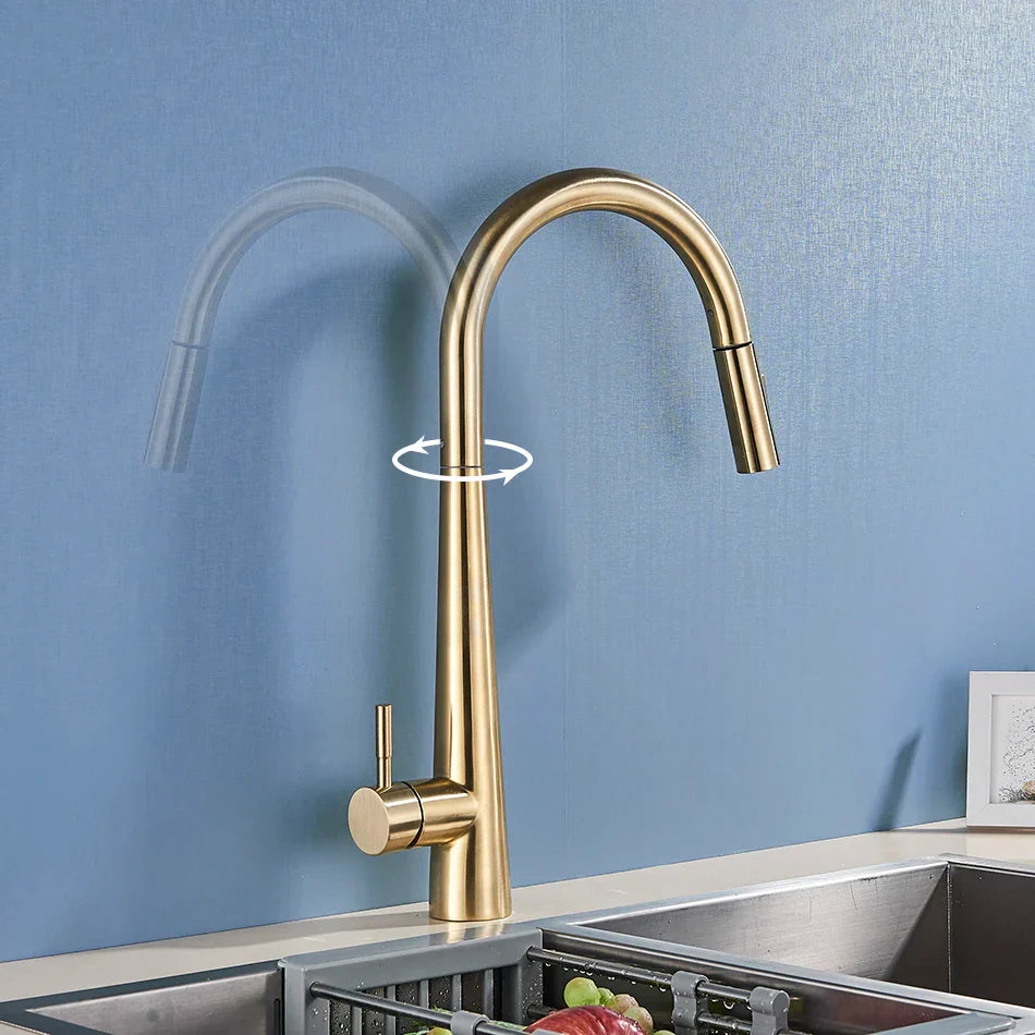 DecorBites™ Gold Swivel Kitchen Faucet with Pull Down Sprayer