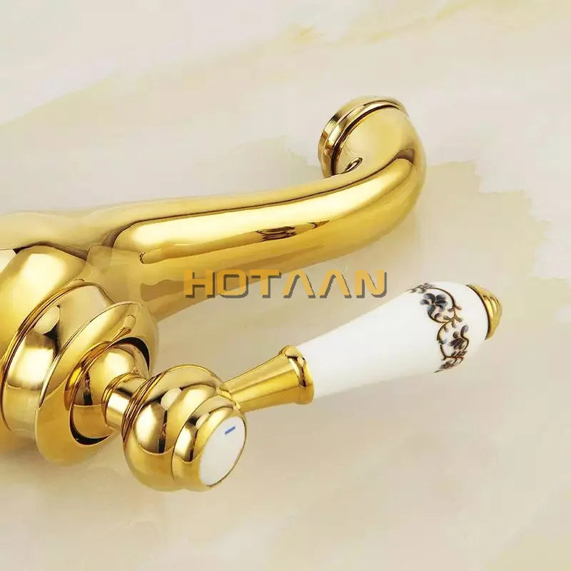 Grifo de Lavabo con Acabado en Oro Decorbites™ con Mango Único y Llaves de Cerámica