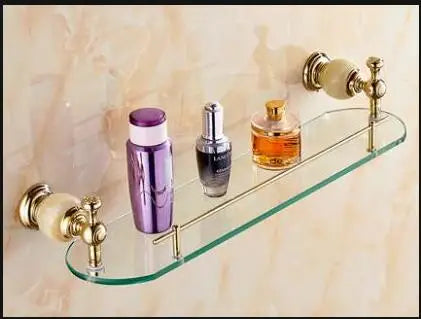 DecorBites™ Brass Jade Bathroom Hardware Set: Corner Shelf, Paper Holder, Towel Bar, Soap Basket, Rack.