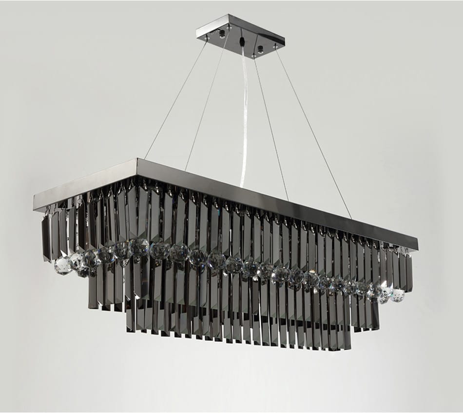 Modern black rectangle crystal chandelier featuring a chrome finish with cascading black crystal prisms and clear spherical accents designed for dining room hanging light.