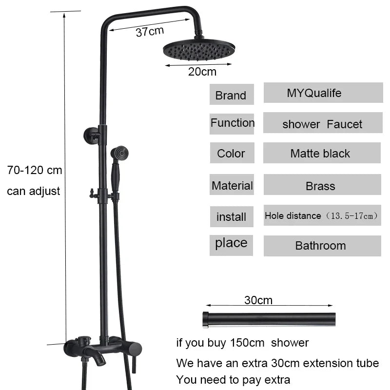 DecorBites™ Black Bathroom Shower Faucet Mixer with 8" Rainfall Shower, Wall Mount Tub Spout