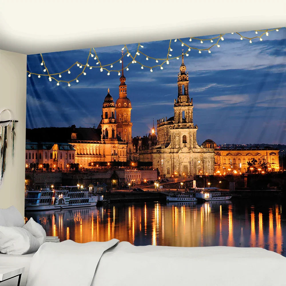 Decobites City Night Scene Tapestry with European London Style Wall Hanging