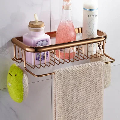 Estante de baño de latón dorado Decorbites™ con perchero para toallas, soporte para champú y canasta