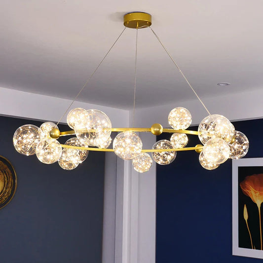 DecorBites™ Golden Ring Glass Ball Chandelier with Remote Control for Living Dining Room