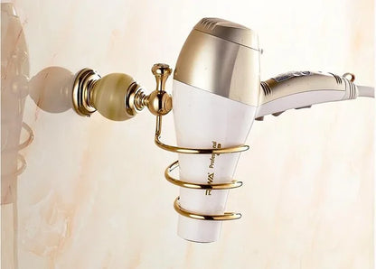 DecorBites™ Brass Jade Bathroom Hardware Set: Corner Shelf, Paper Holder, Towel Bar, Soap Basket, Rack.
