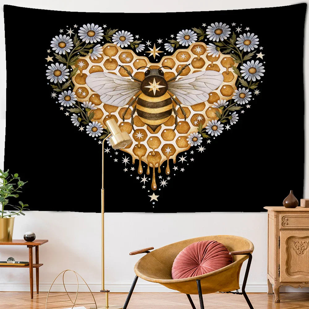 Decobites Psychedelic Bee Tapestry Wall Daisy Flower Home Decor for Bohemian Hippie Vibes