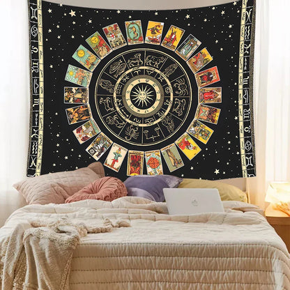 Decobites Tarot Card Tapestry: Zodiac Wheel & Major Arcana Sun Moon Wall Hanging