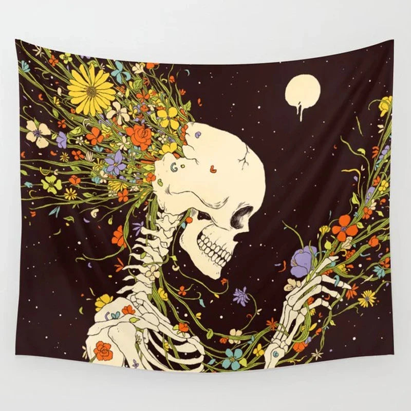 Decobites Skull Moon Mandala Tapestry Floral Wall Hanging Blanket