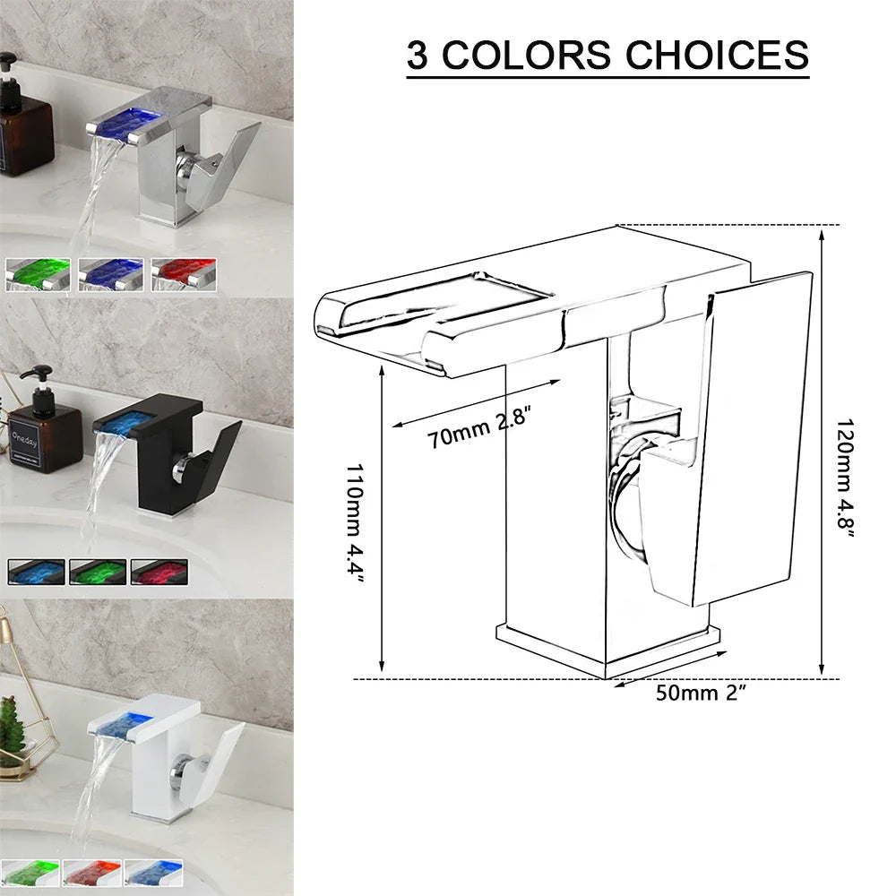 Grifo de lavabo con cascada LED DecorBites™, blanco y negro, mezclador, montaje sobre encimera, latón macizo