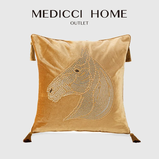 DecorBites™ Gold Rhinestone Square Pillow Case with Tassels Luxury Accent Decorative Cover
