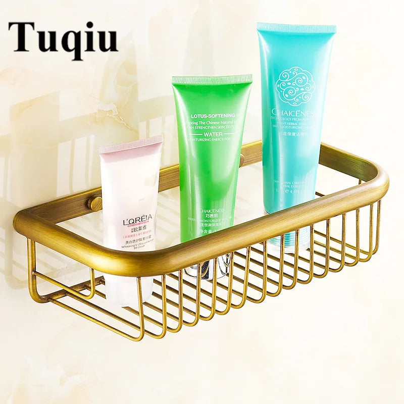 DecorBites™ Gold Brass Bathroom Shelf with Towel Hanger, Shampoo Holder, and Basket