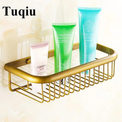 DecorBites™ Gold Brass Bathroom Shelf with Towel Hanger, Shampoo Holder, and Basket