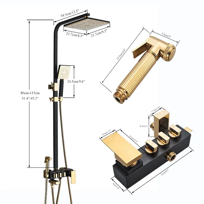 مجموعة حنفية دش DecorBites™ باللون الأسود الذهبي مع وظيفة بيديه، وخلاط مياه الأمطار مثبت على الحائط