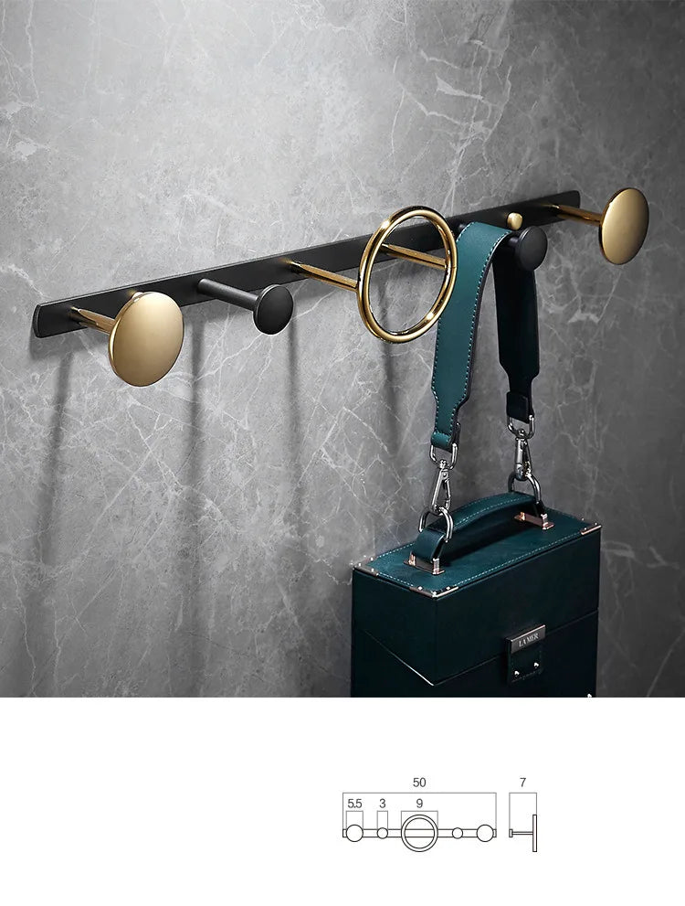 DecorBites™ Gold & Black Bathroom Set - Shelf, Towel Rack, Holder, Brush Holder & More