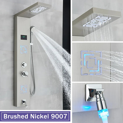 DecorBites™ LCD Black LED Rainfall Shower Panel with 5 Massage Jets Wall Mount