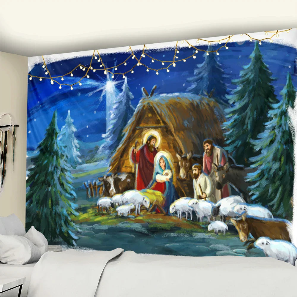 Decobites Christmas Village Wooden House Tapestry Ice and Snow Wall Hanging