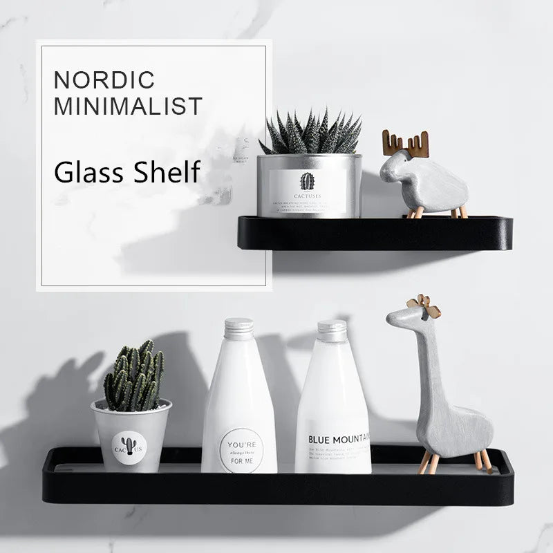 رف زاوية حمام زجاجي أسود من DecorBites™، رف مستحضرات تجميل من الألومنيوم لغرفة الاستحمام