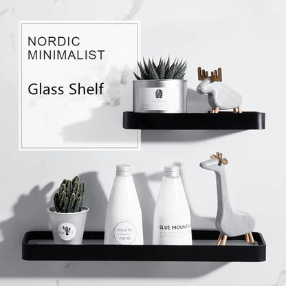 رف زاوية حمام زجاجي أسود من DecorBites™، رف مستحضرات تجميل من الألومنيوم لغرفة الاستحمام